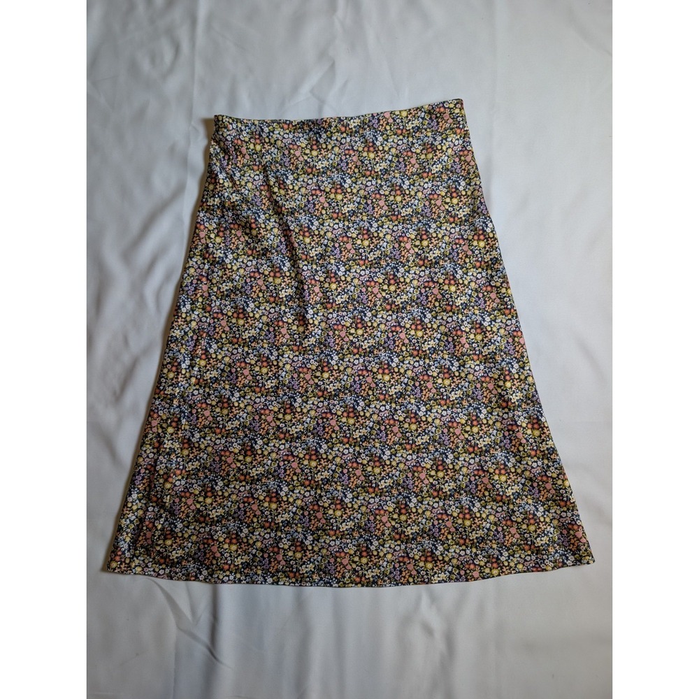 LOFT micro floral satin midi skirt Colorful Slip Casual Romantic Sz L Stretch